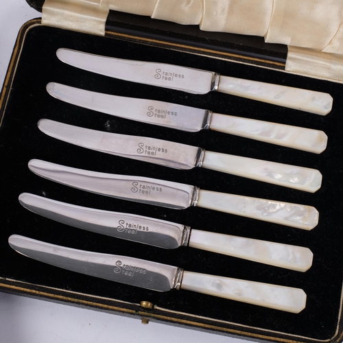 482 - A cased set of mother-of-pearl handled silver plated dessert cutlery for 12 people, and a cased set ... 