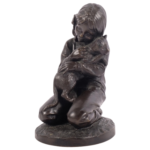 688 - After P Parsons, a resin bronze sculpture of a young girl and a cat, signed to the base, H15cm