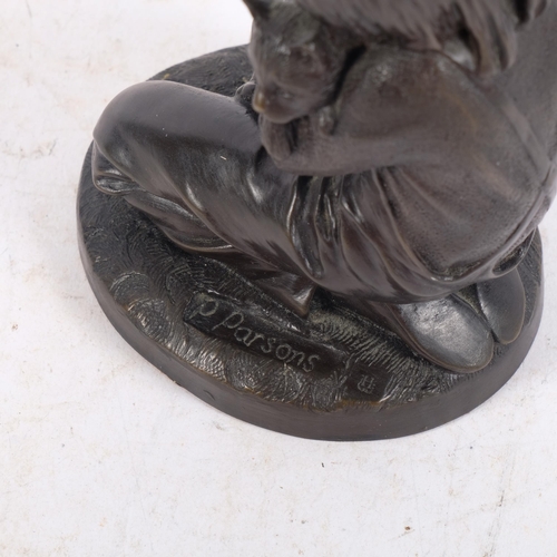 688 - After P Parsons, a resin bronze sculpture of a young girl and a cat, signed to the base, H15cm