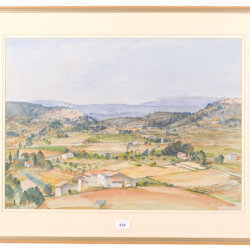 810 - Watercolour, Continental panoramic landscape, farm buildings, dated '72, 63cm x 80cm overall, framed