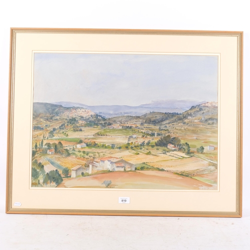 810 - Watercolour, Continental panoramic landscape, farm buildings, dated '72, 63cm x 80cm overall, framed