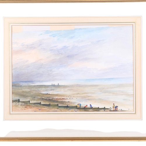 811 - Watercolour, landscape study, figures on the beach, 55cm x 67cm overall, framed