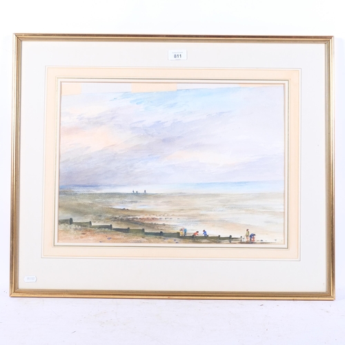 811 - Watercolour, landscape study, figures on the beach, 55cm x 67cm overall, framed