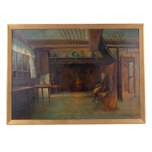 816 - Oil on board, genre scene, figure seated by the fire, signed and dated 1928, 48cm x 66cm