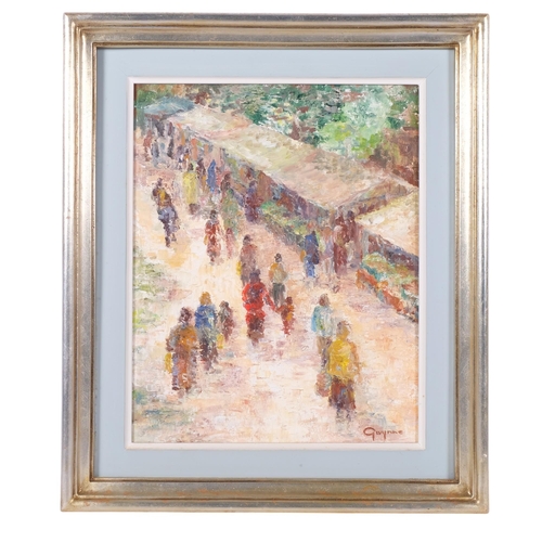 817 - G Gwynne?, impasto oil on board, figures at the market, 54cm x 46cm overall, framed