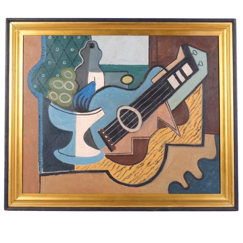 818 - Oil on canvas, cubist composition, a guitar and bowl of fruit, 69cm x 84cm overall, framed, unsigned