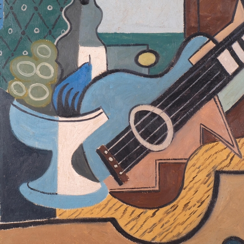 818 - Oil on canvas, cubist composition, a guitar and bowl of fruit, 69cm x 84cm overall, framed, unsigned