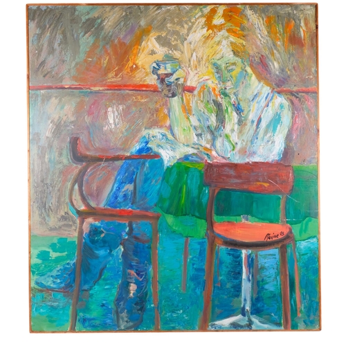 821 - Maxine, large impasto oil on board, interior scene, a study of a seated drinking figure in a cafe, 1... 