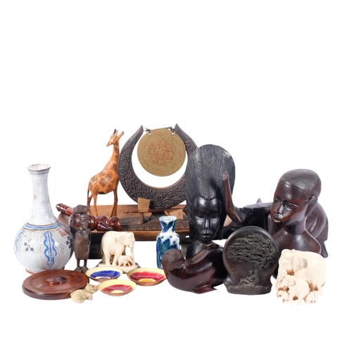 825 - 3 African carved wood figures, tallest 30cm, elephants, a 2-handled Ethnic wooden tray, a gavel and ... 