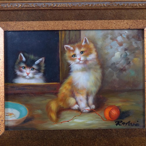 395 - R Mario - oil on board, kittens with a ball of string, 26 x 31cm overall , framed