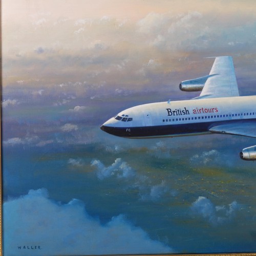 396 - Waller - oil on canvas, view of a British Airtours passenger plane in flight, 68 x 98cm overall, fra... 