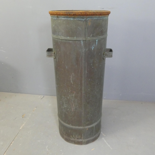 2499 - A cylindrical two-handled copper planter. Diameter 33cm, height 82cm.