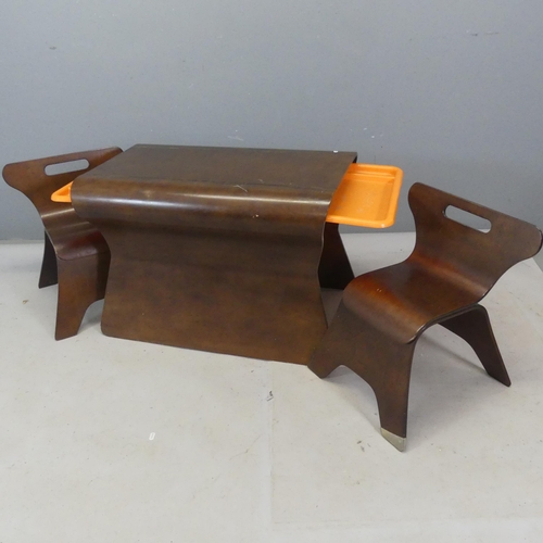 2486 - A child's bentwood table with two nesting chairs, fitted with plastic sliding drawers. Table length ... 