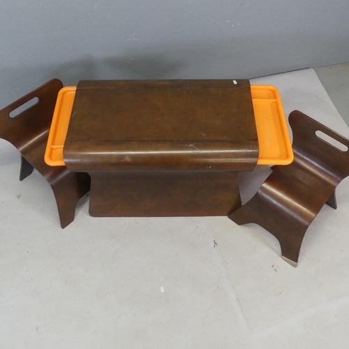 2486 - A child's bentwood table with two nesting chairs, fitted with plastic sliding drawers. Table length ... 