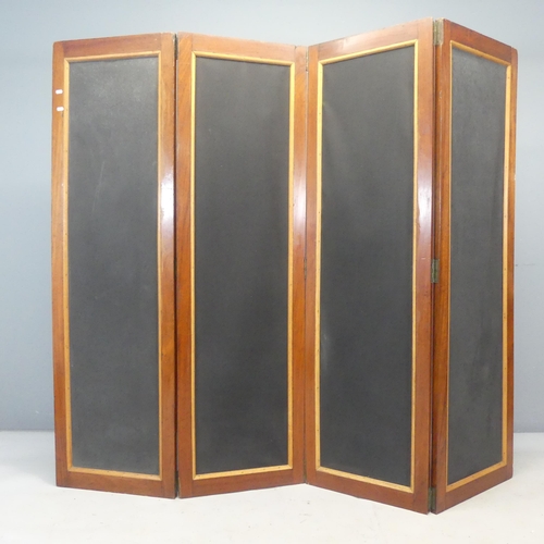 2496 - A mid-century beech framed four-fold room divider screen with rexine upholstered panels. Each panel ... 