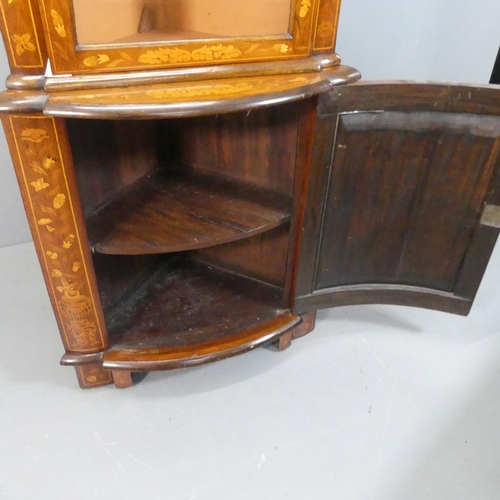 2508 - A 19th century two-section Dutch marquetry walnut two-door corner cabinet with inlaid floral decorat... 