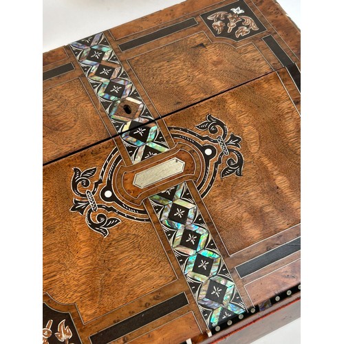 6 - An Antique Victorian inlaid mahogany and burr-walnut travelling writing slope, with inlaid wirework ... 