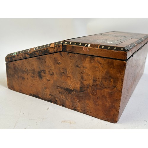 6 - An Antique Victorian inlaid mahogany and burr-walnut travelling writing slope, with inlaid wirework ... 