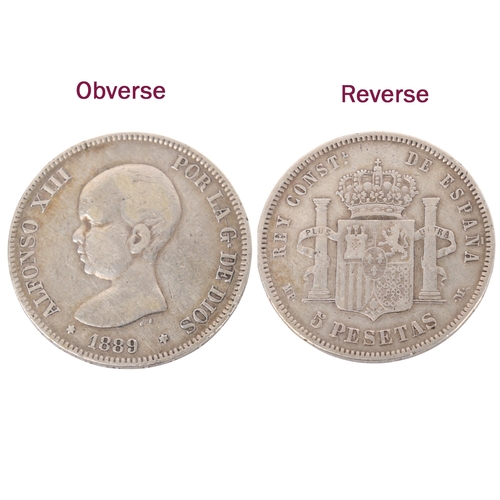 91 - An Alphonso XIII, Spanish 1889 silver 5 Pesetas, 37mm, 24.6g