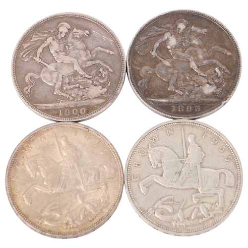 43 - 4 silver Crowns, Queen Victoria 1893 & 1900, George V 1933 & 1935, total 112.8g