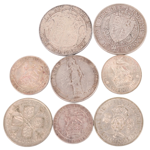 45 - 8 British silver coins, 1901 to 1945, 2 Half-Crowns, 3 Florin/Two Shillings, 2 Shillings, total 79g