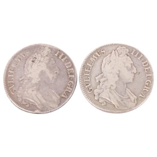 59 - 2 William III silver Crowns', 1695 & 16?, 39mm, total 58.7