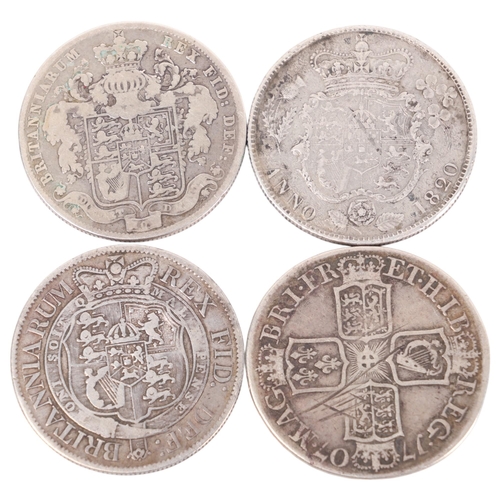 60 - 4 silver Half-Crown coins, Queen Anne 1707,  George III 1818, George IV 1820 & 1829,  largest diamet... 