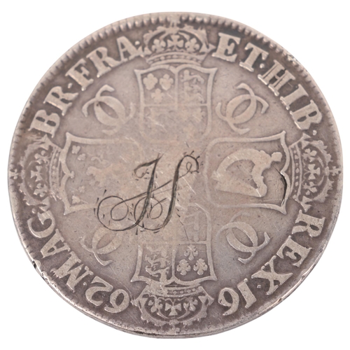 61 - A Charles II 1662 silver Crown, engraved JS to both sides, 39.5mm, 29.5g