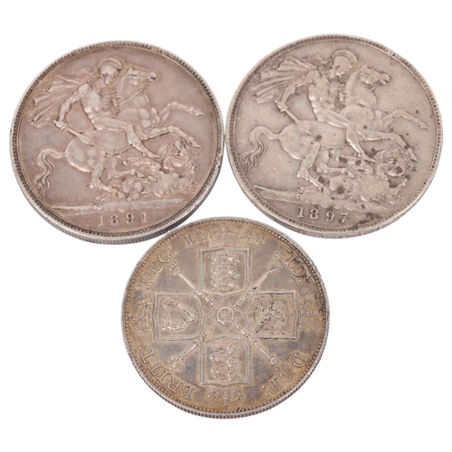 65 - 2 Queen Victoria St George & Dragon silver Crowns 1891/97 and a silver Double-Florin 1888, total 79.... 