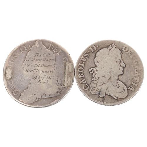 66 - A Charles II silver Crown together with George II Crown, total 57.9g