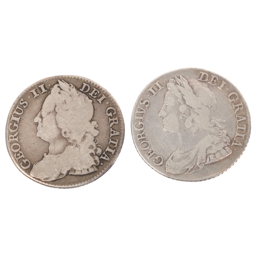 67 - 2 George II silver Shillings 1743 & 1741 , both 26mm, total 11.6g