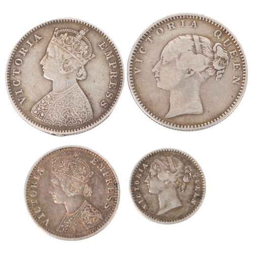 76 - 4 Queen Victoria Indian silver coins, East India Company Half-Rupee 1840, Half-Rupee 1892, 1/4 Rupee... 