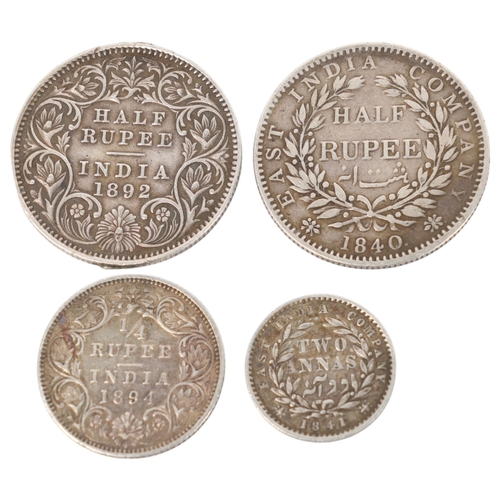 76 - 4 Queen Victoria Indian silver coins, East India Company Half-Rupee 1840, Half-Rupee 1892, 1/4 Rupee... 