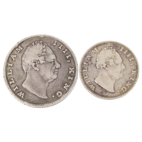 77 - 2 William IV East India Company silver coins, 1 Rupee 1835, 1/2 Rupee 1835, total 17.1g