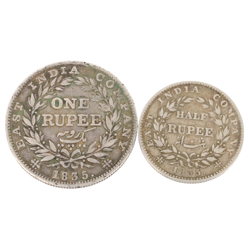 77 - 2 William IV East India Company silver coins, 1 Rupee 1835, 1/2 Rupee 1835, total 17.1g