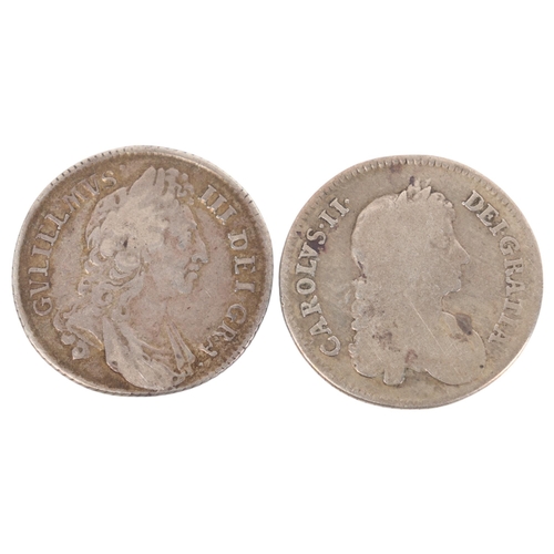 82 - A Charles II silver 1668 Shilling & William III 1969 silver Shilling,0both 25.5mm, total 11.7 g