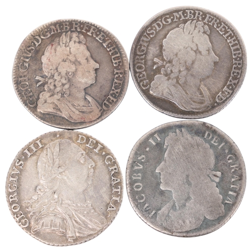 83 - 4 silver Shillings, James II 1687, George I 1720 & 1723, George III 1787, 22.8g