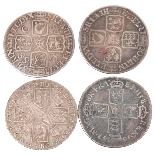 83 - 4 silver Shillings, James II 1687, George I 1720 & 1723, George III 1787, 22.8g