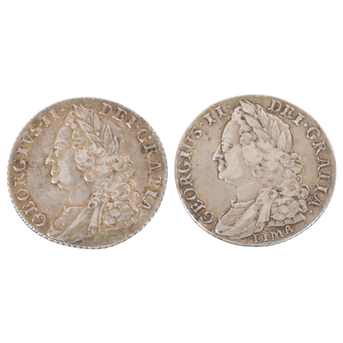 86 - 2 George II silver shillings 1745 & 1758, 26mm, total 12g