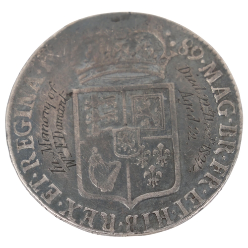 87 - A William & Mary 1689 silver Crown, with memorial inscription dated 1822, 33mm, 14.7g