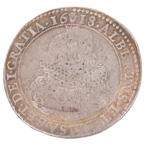 89 - Spanish Netherlands, Albert & Elisabeth, 1618 silver 1 Ducat, 44mm, 32.2g