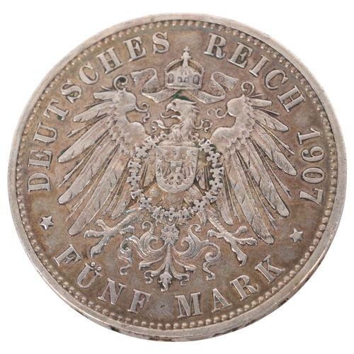 92 - A Wilhelm II German 1907 silver 5 Mark coin, 38mm, 27.9g