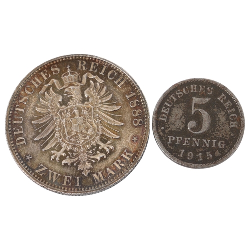 93 - A Frederick III Germany-Prussia 1888 silver 2 Mark & 1915 5 Pfennig coins, total 13.7g