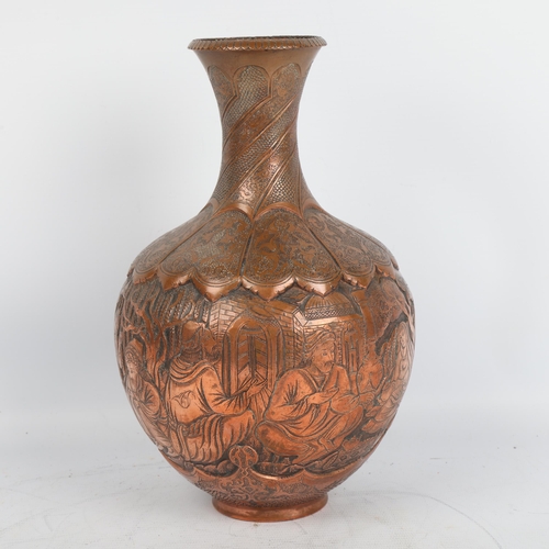 403 - A heavy Indian copper narrow-necked vase with engraved temple figures, height 25cm