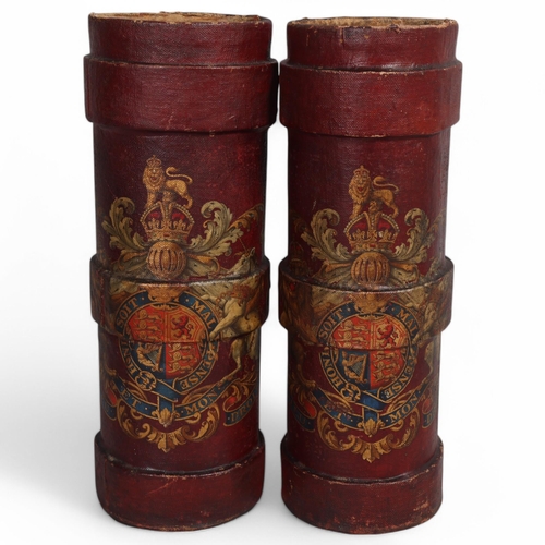 506 - A pair of 19th century canvas-covered Cordite buckets with armorial crests, height 50cm