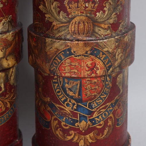 506 - A pair of 19th century canvas-covered Cordite buckets with armorial crests, height 50cm