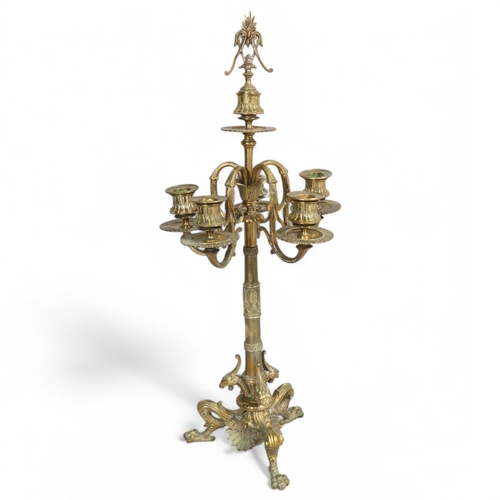 508 - A Neo-Classical style brass 5-branch table candelabrum on cast griffon design base, height 61cm