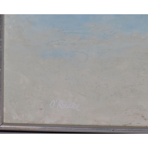 742 - B O'Rourke, cliffs in the mist, oil on board, signed, 46cm x 106cm, framed