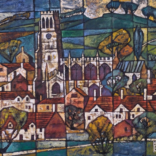 601 - Ken Law, abstract village landscape with church, impasto oil on board, with incised decoration, orig... 