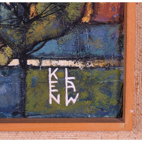 601 - Ken Law, abstract village landscape with church, impasto oil on board, with incised decoration, orig... 